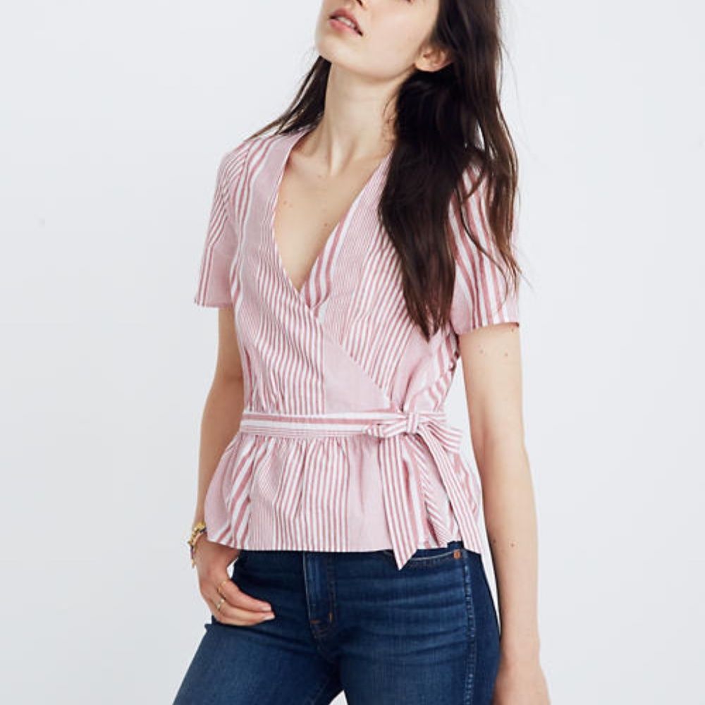 Madewell Ruffle-Hem Wrap Top in Stripe Mix